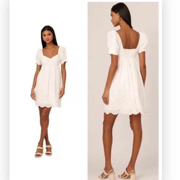 Adrianna Papell AD3D105543 Ivory Cotton Eyelet Puff Sleeve Fit & Flare Dress 14 - Picture 3 of 9